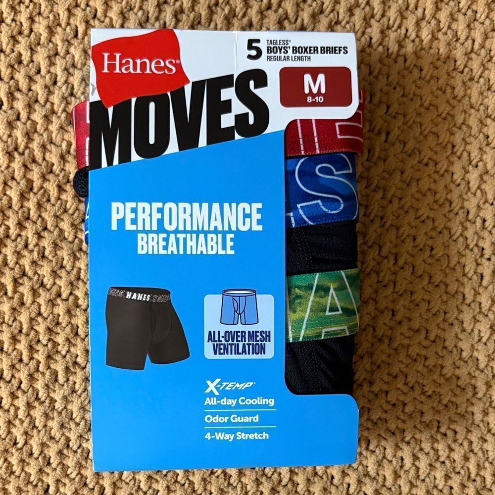 NWT Hanes Boys 5pk Moves Breathable Mesh X Temp Boxer Briefs Size M 8-10